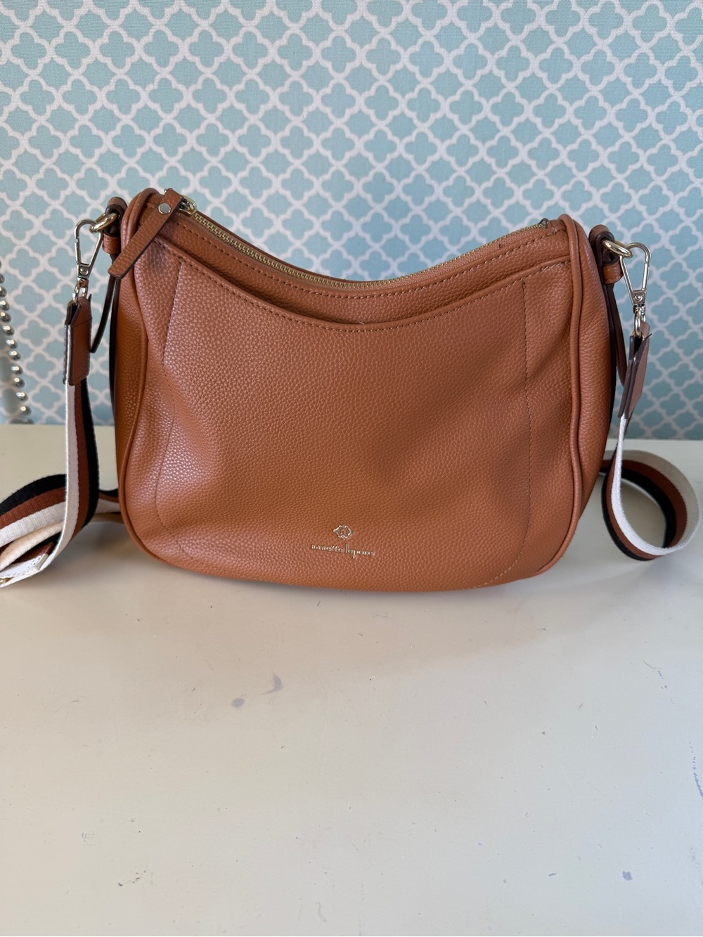 Nanette Lepore Cognac Pebbled Faux Leather Shoulder Bag with Striped Strap